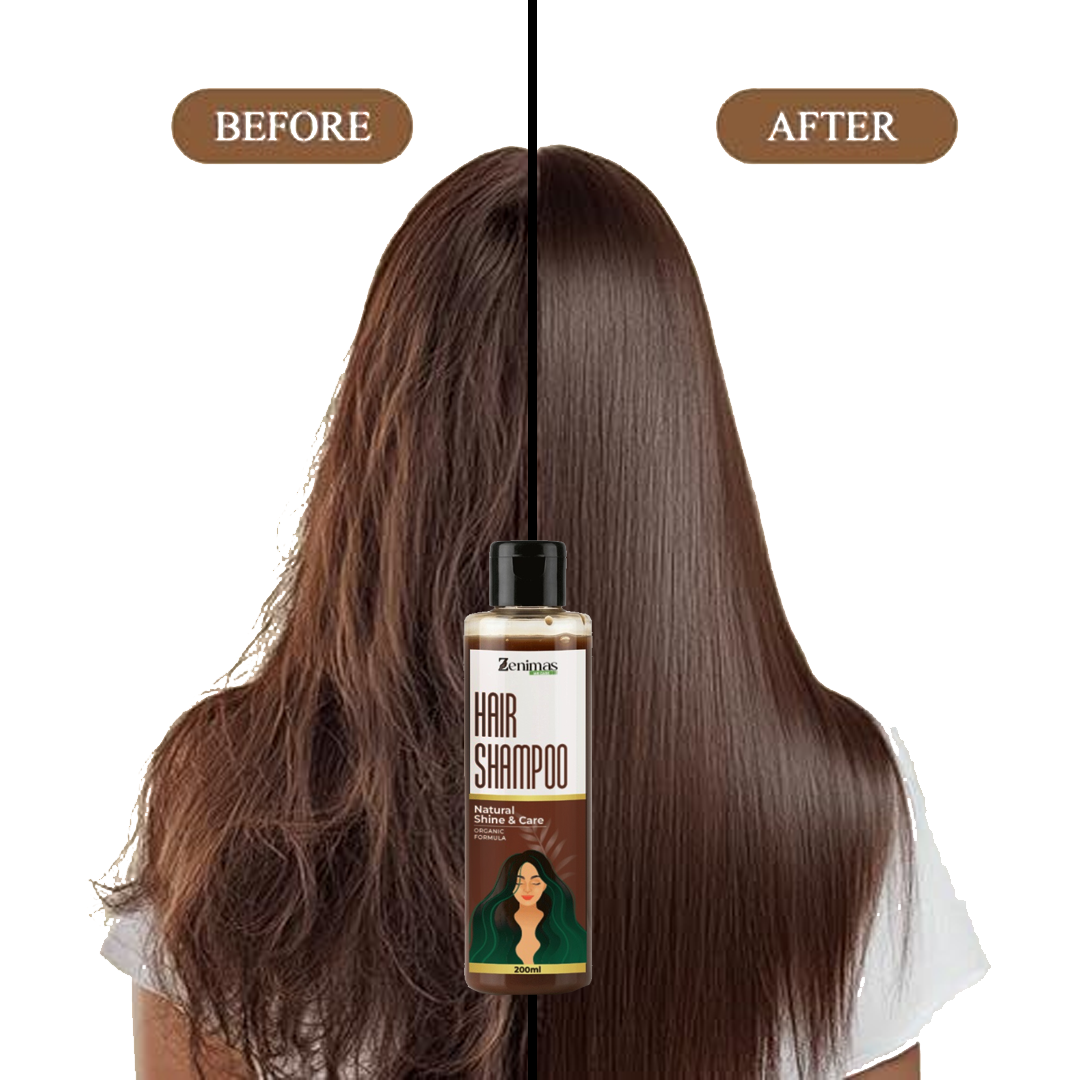 Hair shampoo bottle with 'Before' and 'After' comparison on a person's hair against a white background