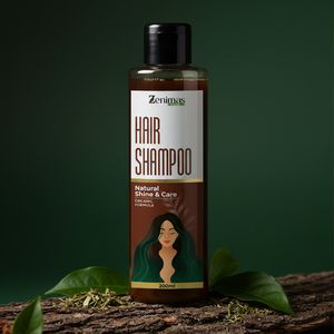Zenimas hair shampoo bottle with a green background
